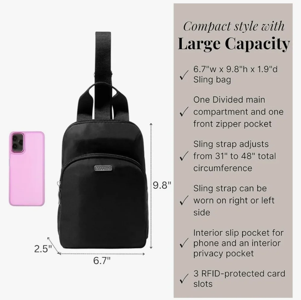 Baggalini Black Sling Backpack Bag Multi Wear RFID Card Slots Adjustable NEW - Picture 5 of 16